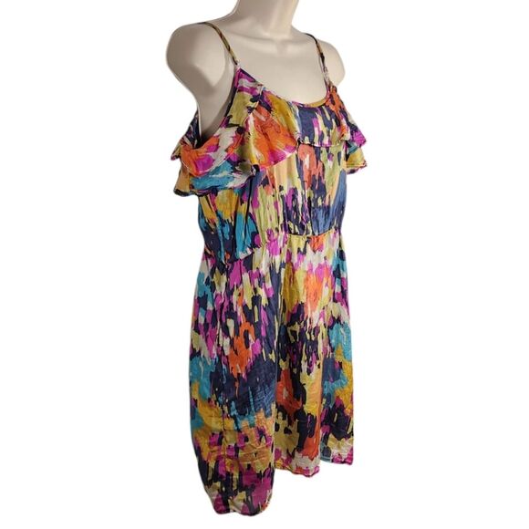 GLAM Silk Dress Short Sleeveless Ruffle Flowy Babydoll Tie Dye Pink Blue‎ Gold M - Picture 3 of 10